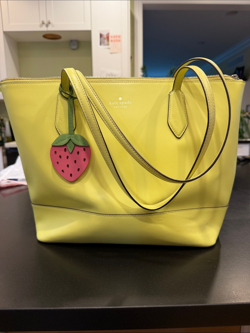 kate spade Lemon Yellow Leather Tote with Strawberry Charm